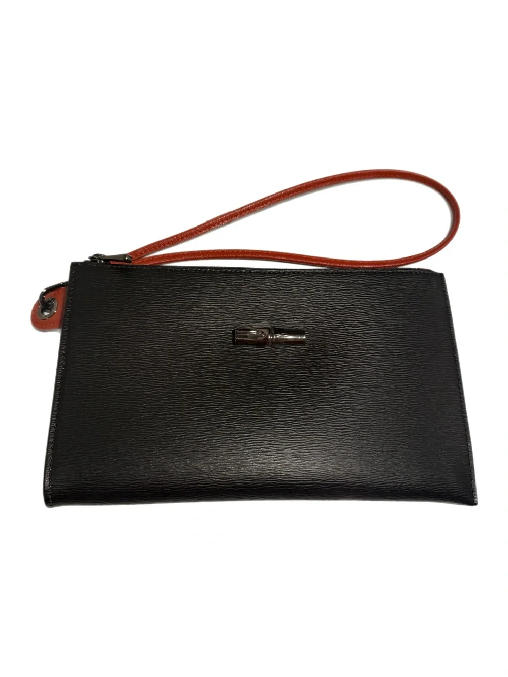 NWT Longchamp Rosea Saffiano Leather Black & Red Wristlet with Detachable Strap